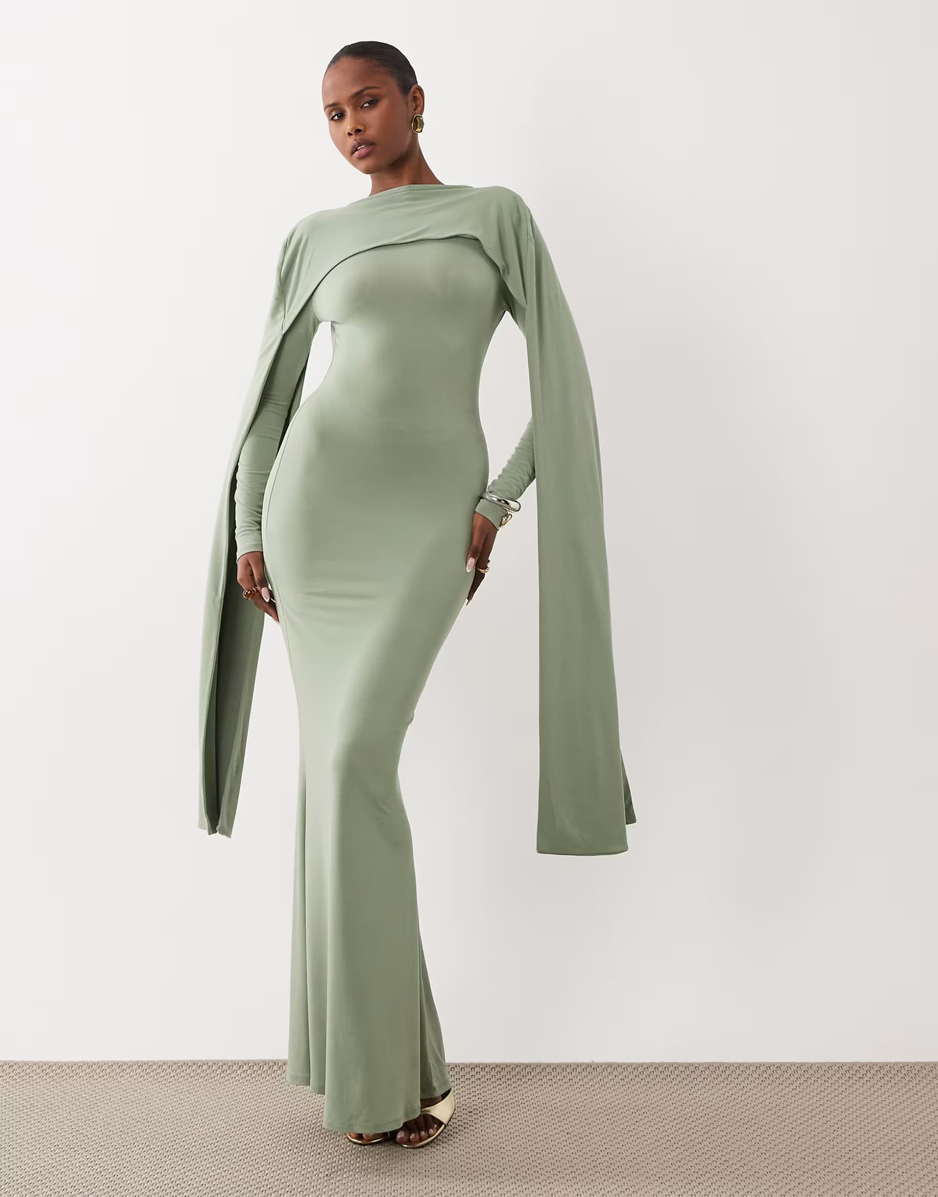 ASOS ASOS DESIGN long sleeve maxi dress with extreme scarf detail in sage green