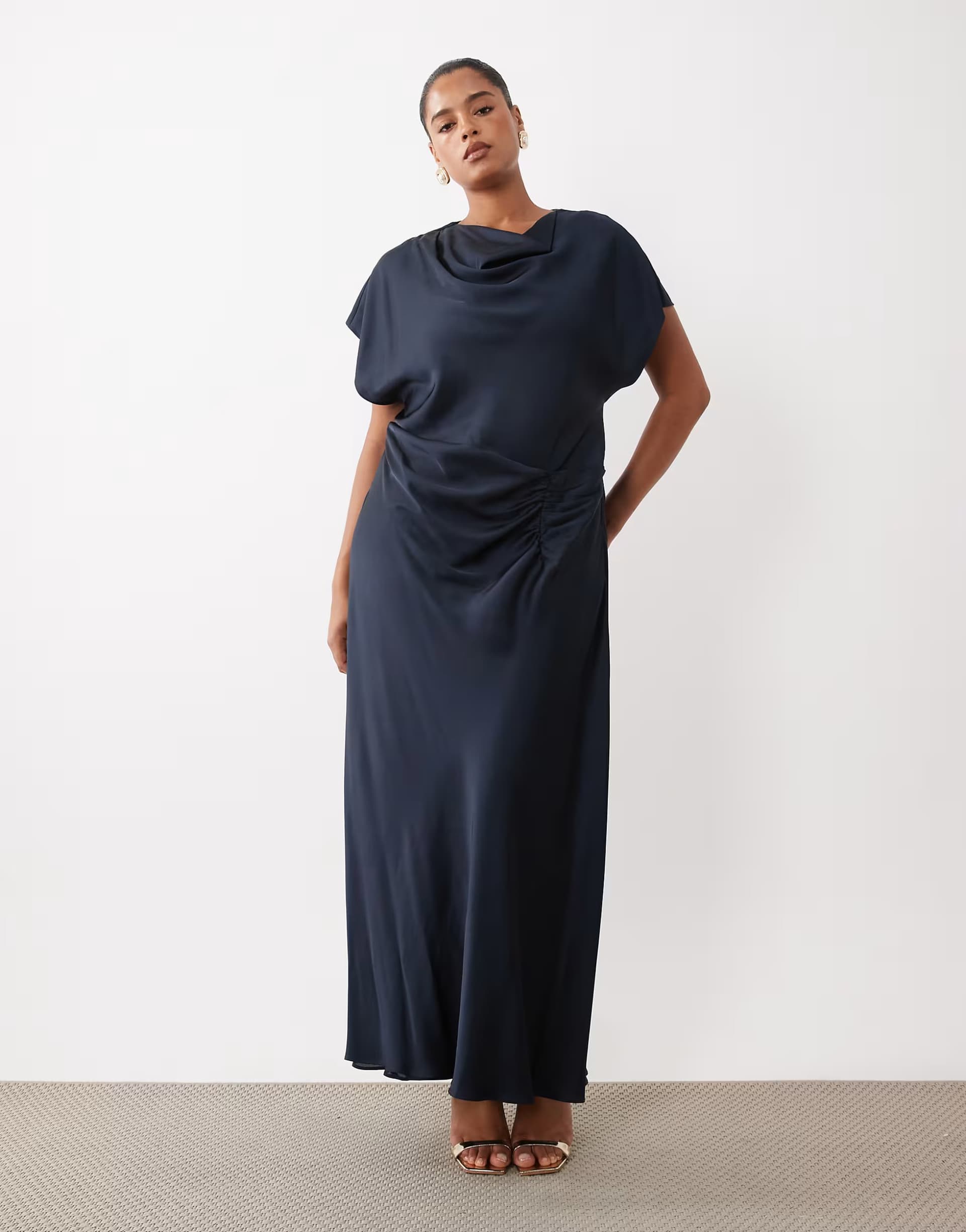 ASOS Forever New Curve satin high cowl neck tuck side detail bias maxi dress in navy