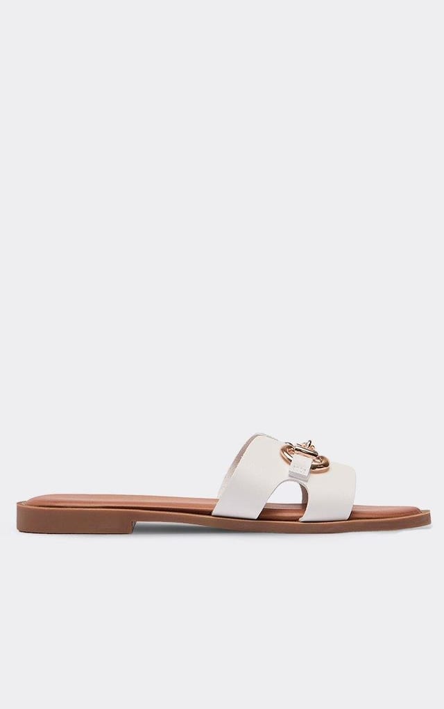 EGO Elowed Link Detail Flat Slider Sandal In White Faux Leather, Women's Size UK 3 - 2