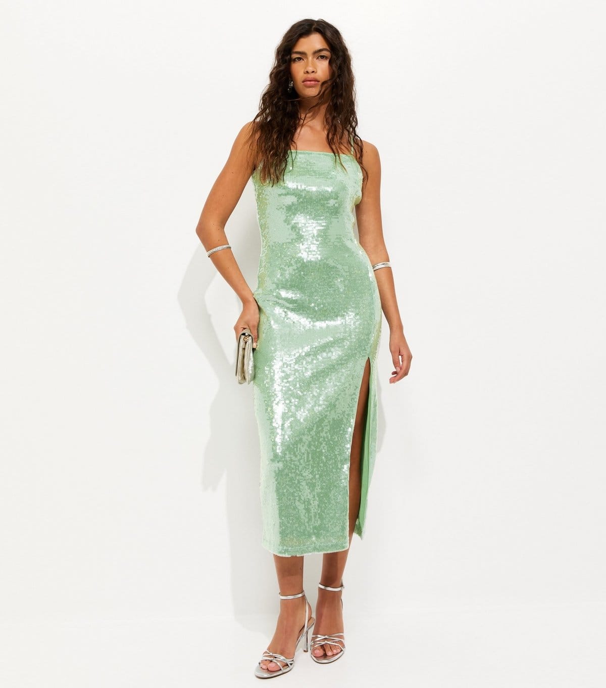 New Look Light Green Sequin Square Neck Midi Dress