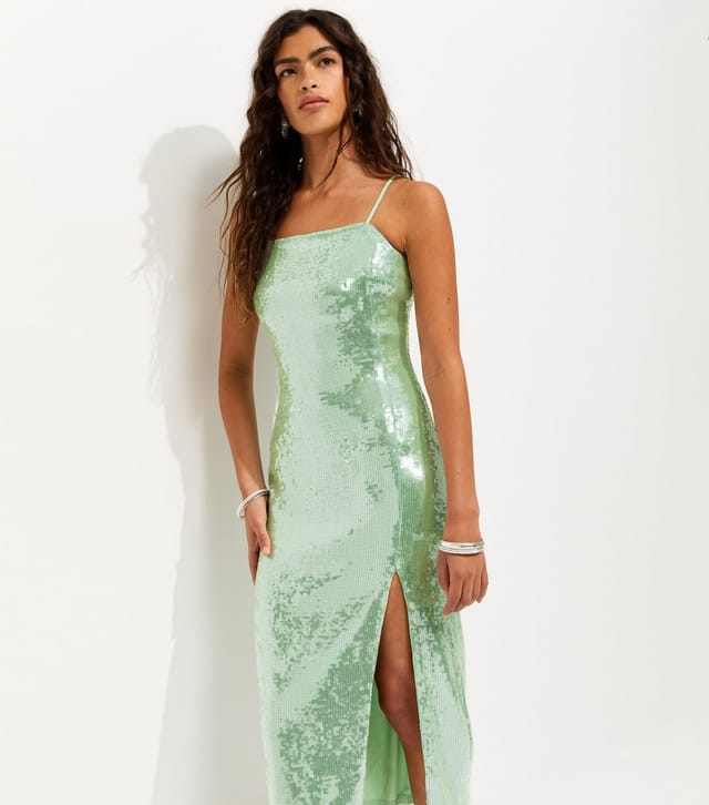 New Look Women's Light Green Sequin Square Neck Midi Dress New Look - 3