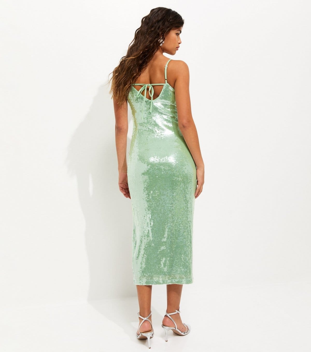 New Look Women's Light Green Sequin Square Neck Midi Dress New Look - 4
