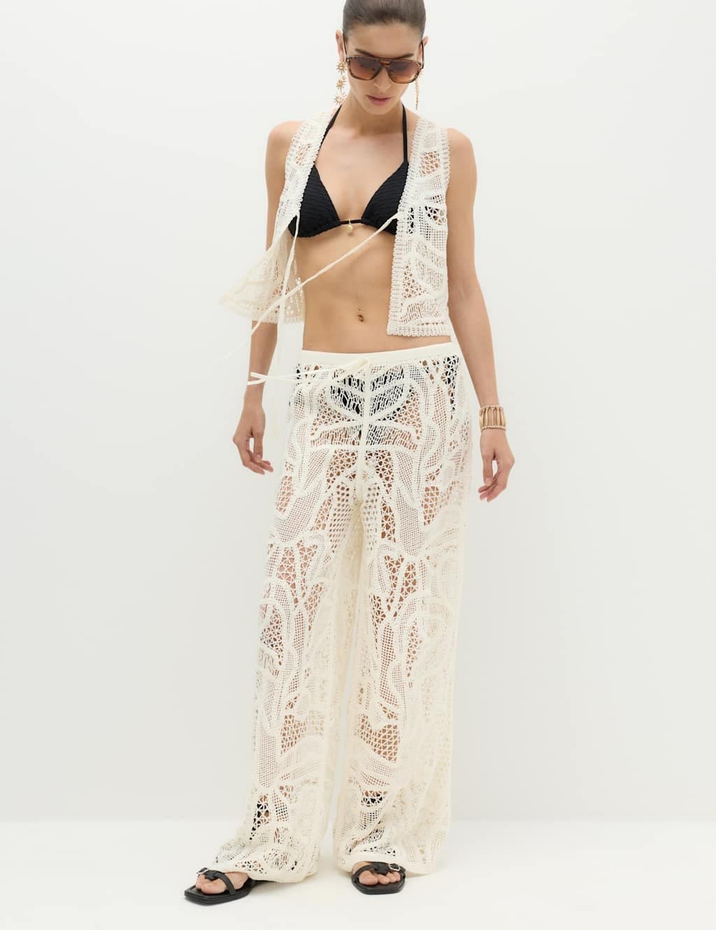 Marks & Spencer M&S Ivory Crochet-Style Knitted Wide-Leg Trousers