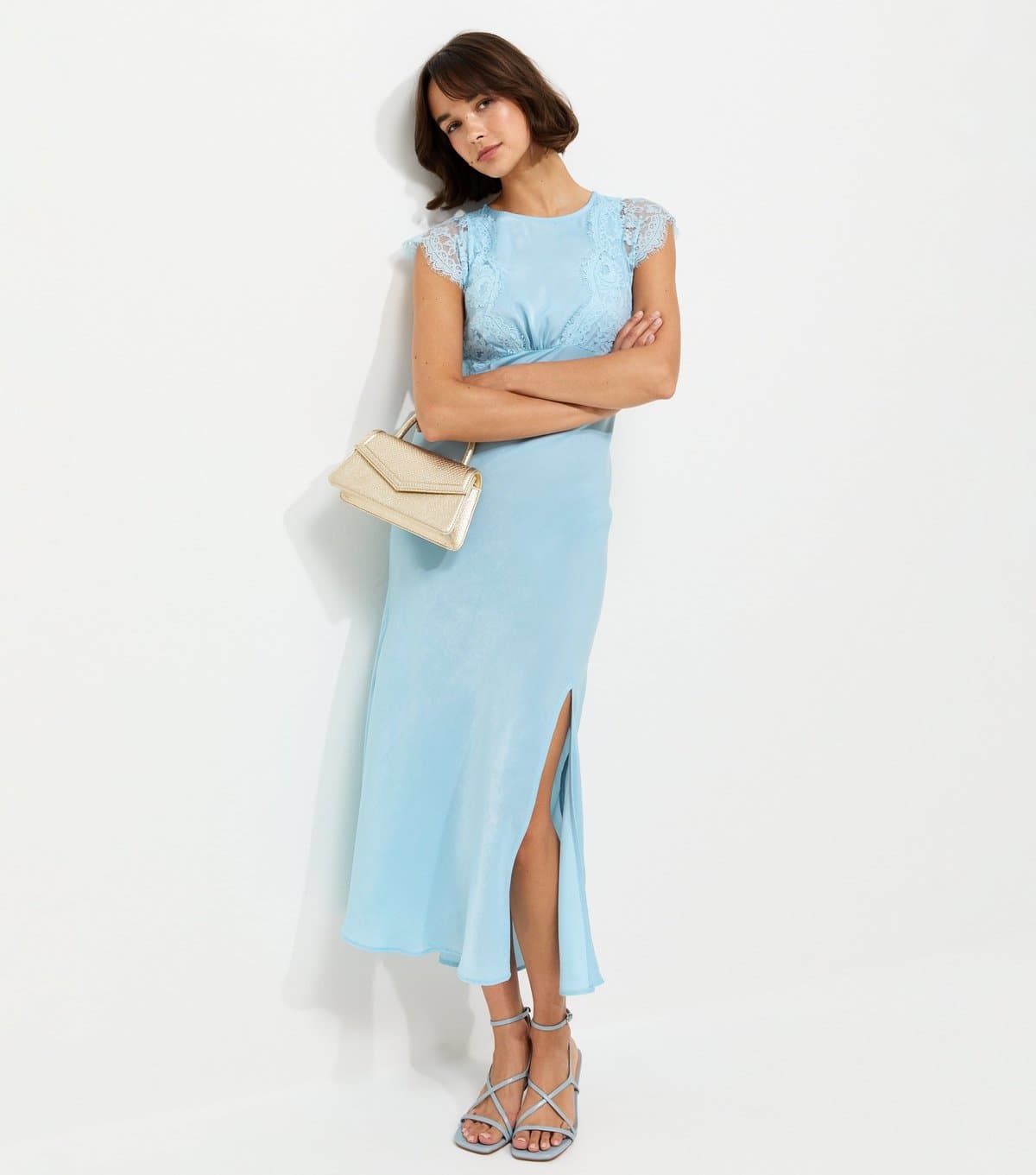 New Look Women's Light Blue Satin Lace Sleeve Split Midi Dress New Look