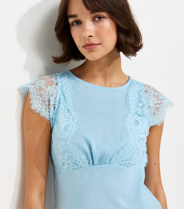New Look Women's Light Blue Satin Lace Sleeve Split Midi Dress New Look - 2