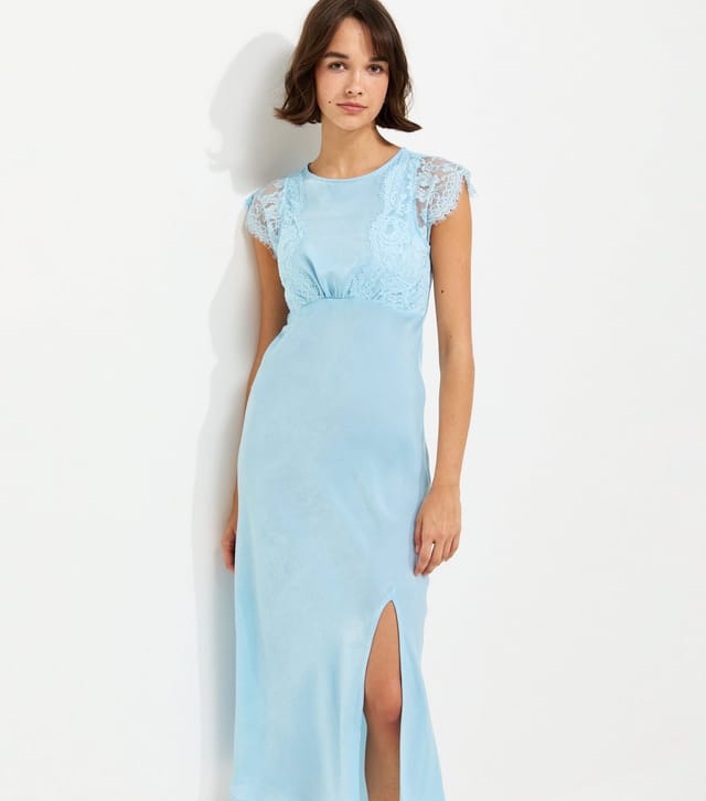 New Look Women's Light Blue Satin Lace Sleeve Split Midi Dress New Look - 3