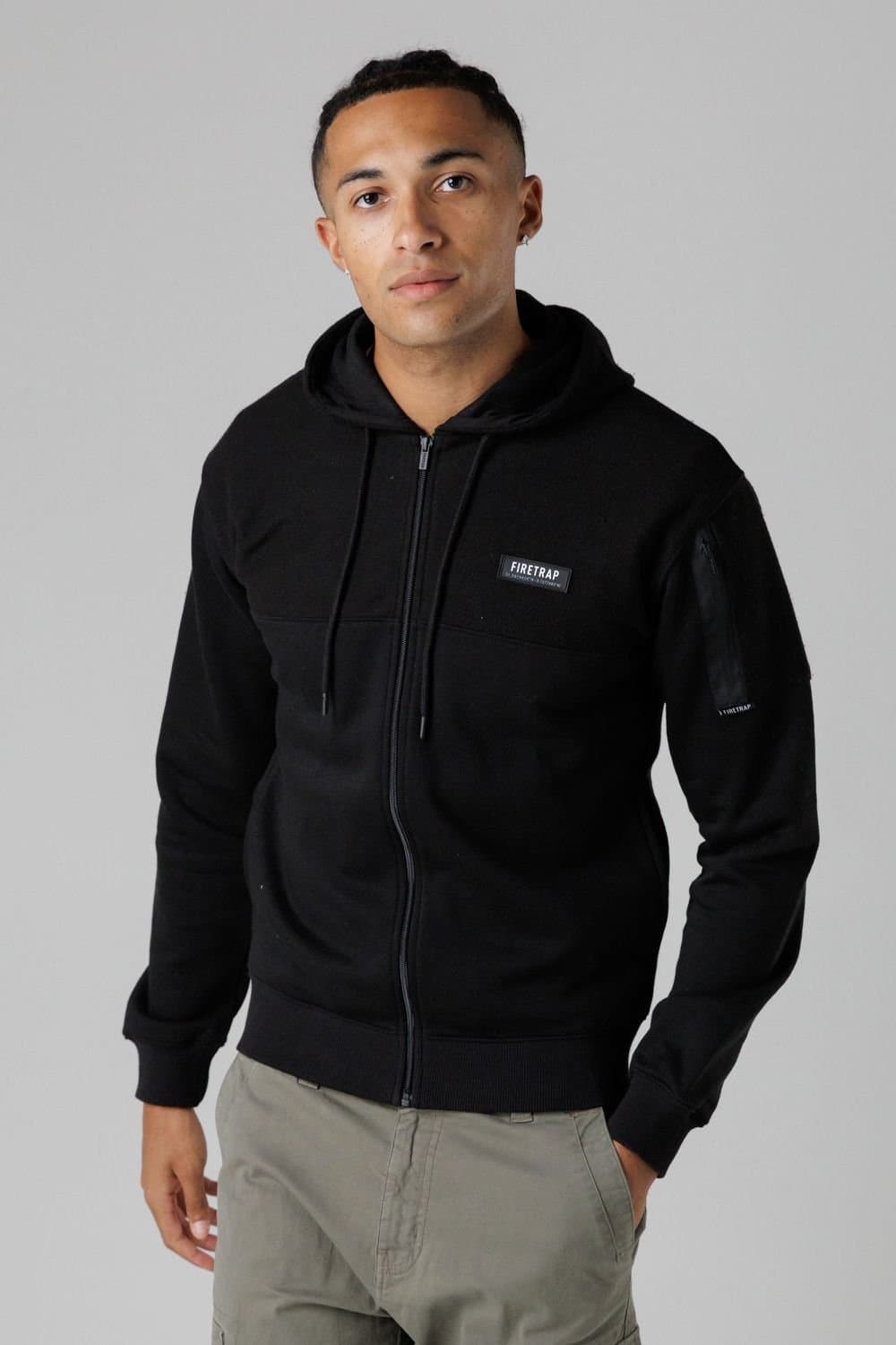 Firetrap Firetrap Men's Regular Fit Cotton Rich Zip Through Hoody with Sleeve Pocket in Black