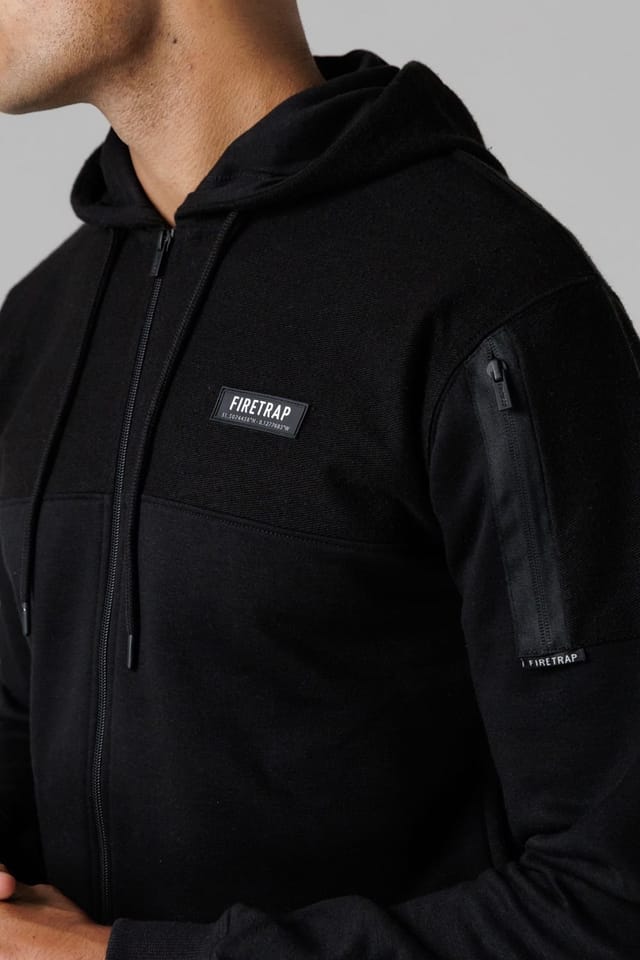 Firetrap Firetrap Men's Regular Fit Cotton Rich Zip Through Hoody with Sleeve Pocket in Black - 3