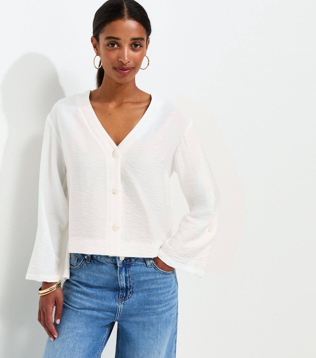 New Look Cream Crinkle Texture V-Neck Shirt