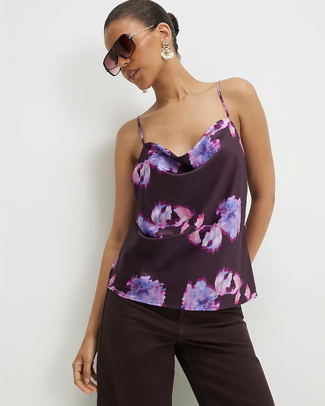 River Island River Island Womens Purple Satin Floral Cowl Neck Cami Top