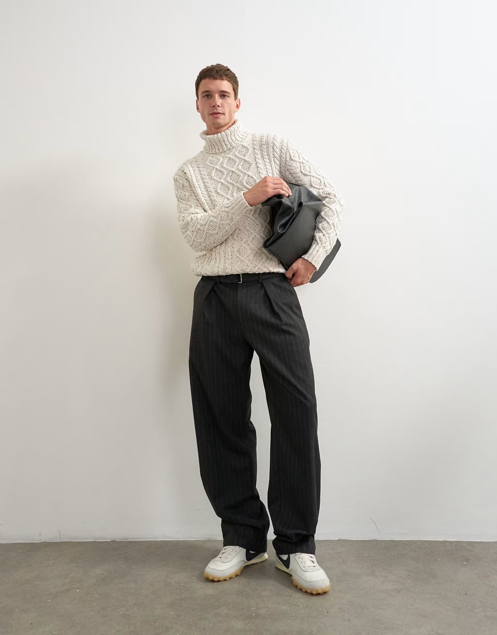 ASOS Topman wide leg belted pinstripe trouser with pleats in grey
