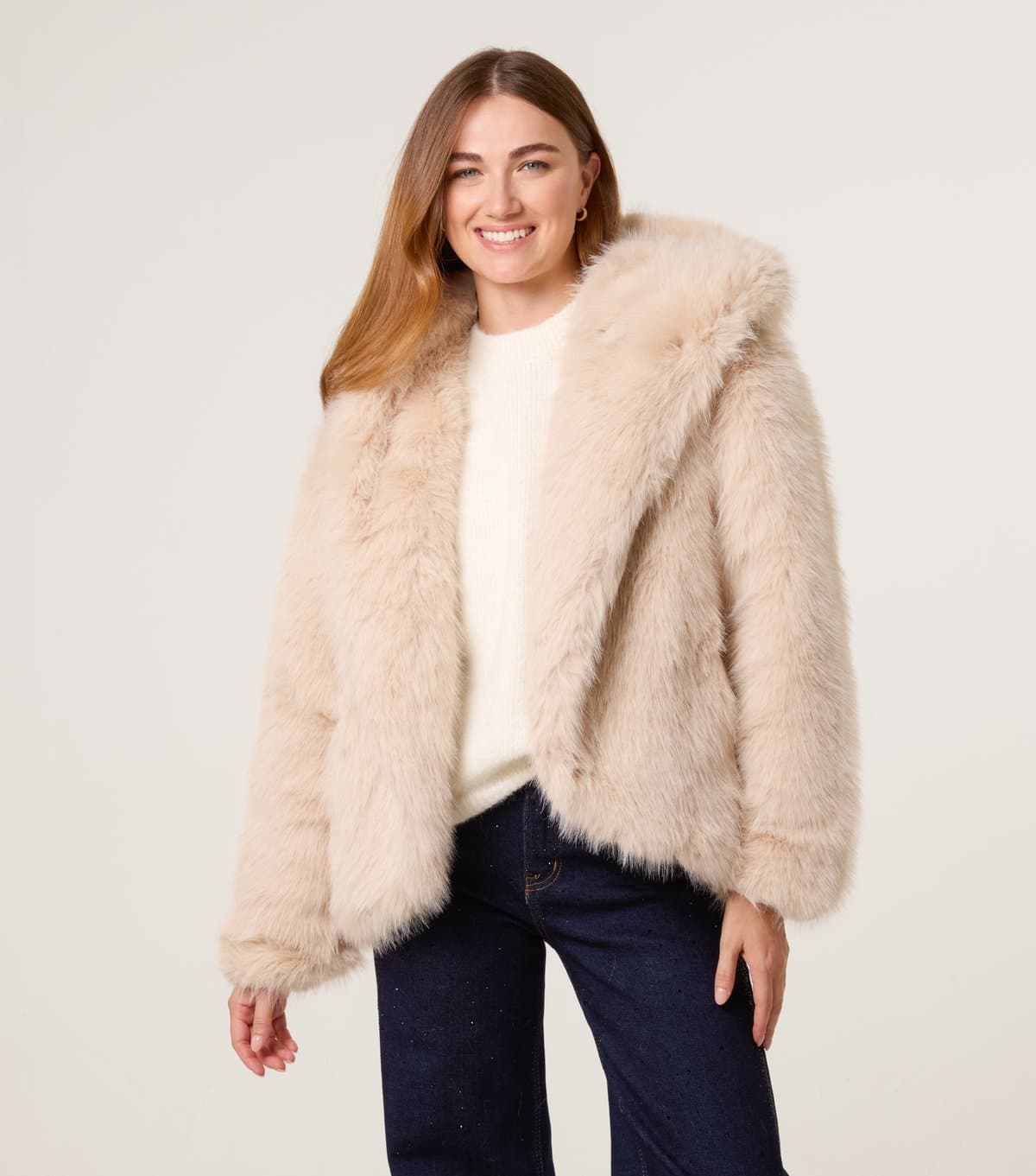 Blue Vanilla Women's Cream Faux Fur Hooded Coat Blue Vanilla New Look
