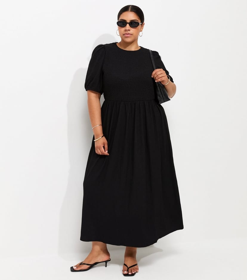 New Look Women's Plus Size Black Shirred Bodice Short Sleeve Midi Dress Curves New Look - 1