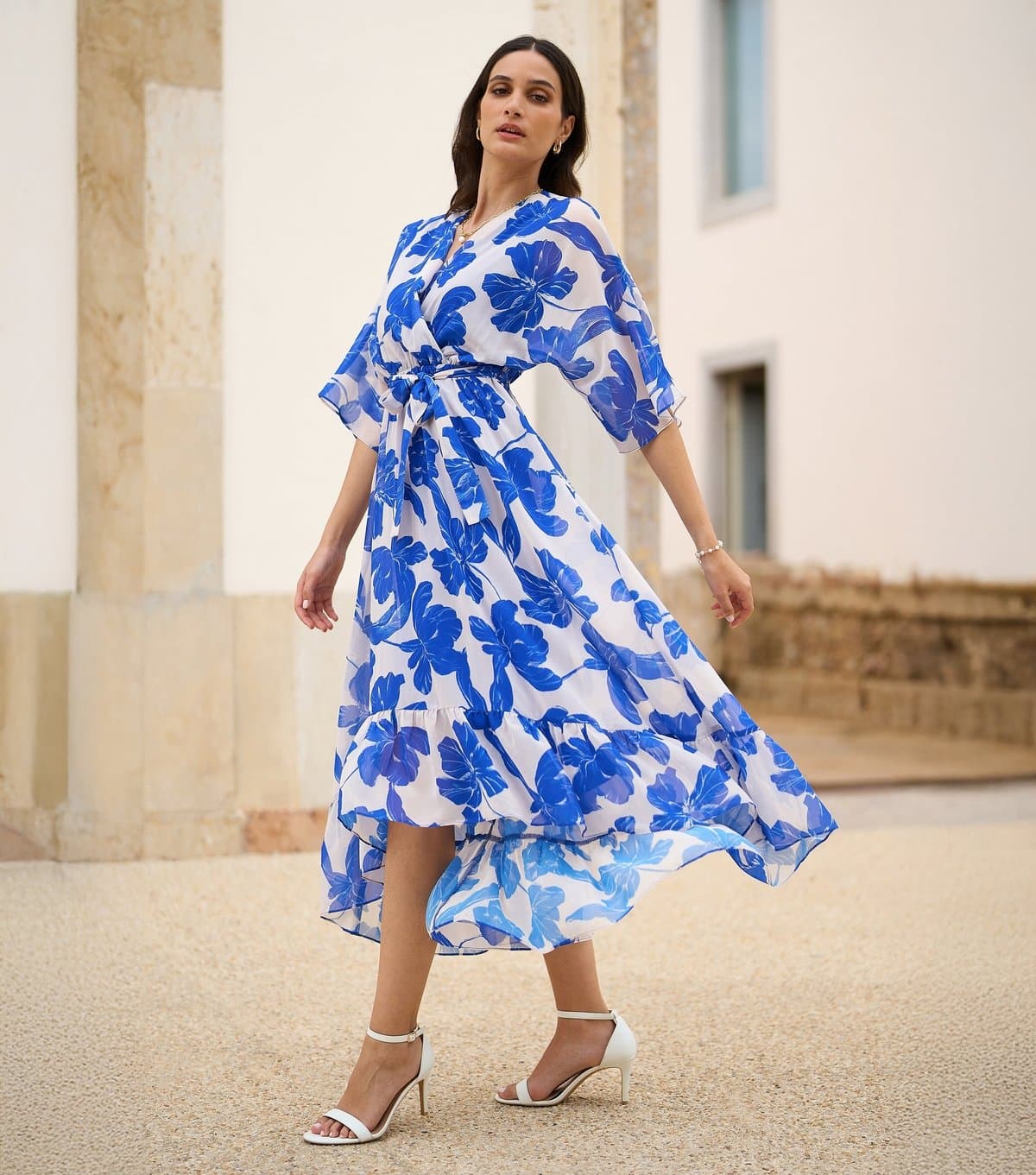 Yumi Women's Blue Floral Print Wrap Midi Dress Yumi New Look