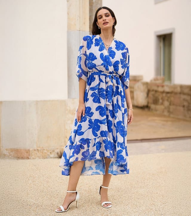 Yumi Women's Blue Floral Print Wrap Midi Dress Yumi New Look - 2