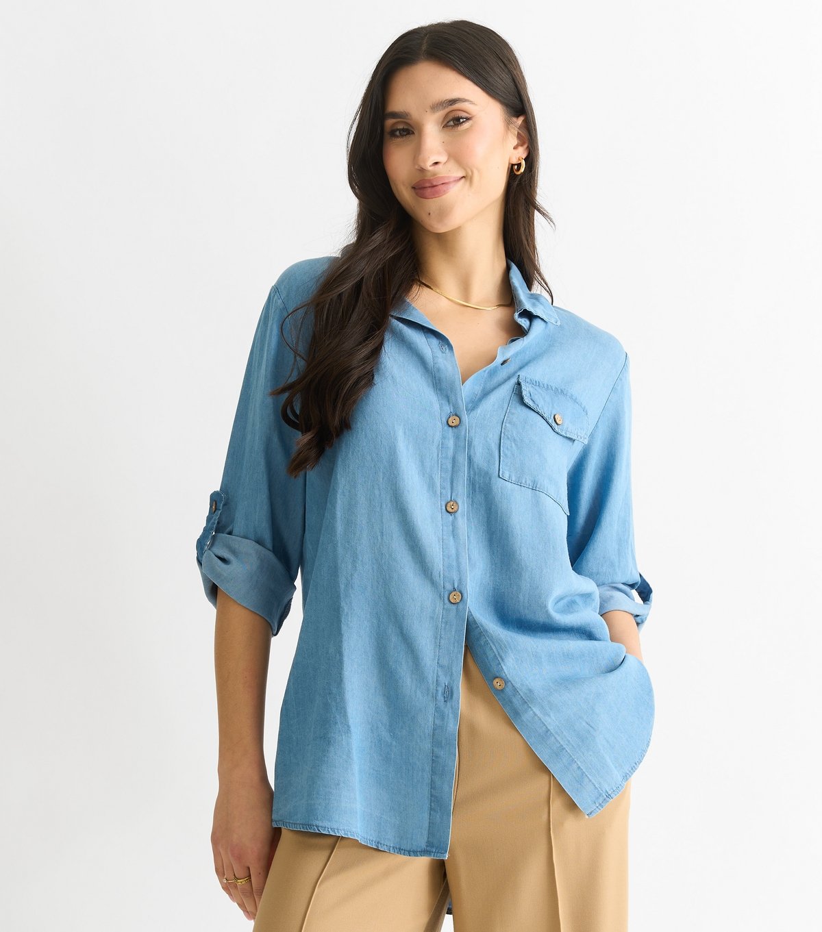 Gini London Women's Blue Denim Look Rolled Up Sleeve Shirt Gini London New Look - 1