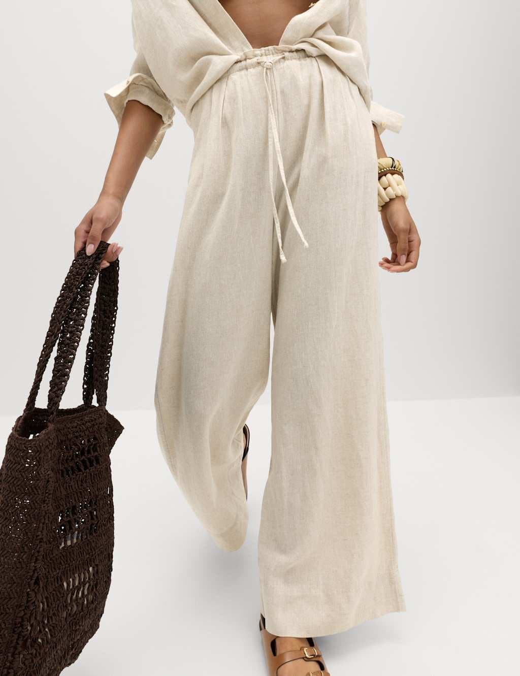 Marks & Spencer M&S Linen Rich Drawstring Wide Leg Trousers Oatmeal
