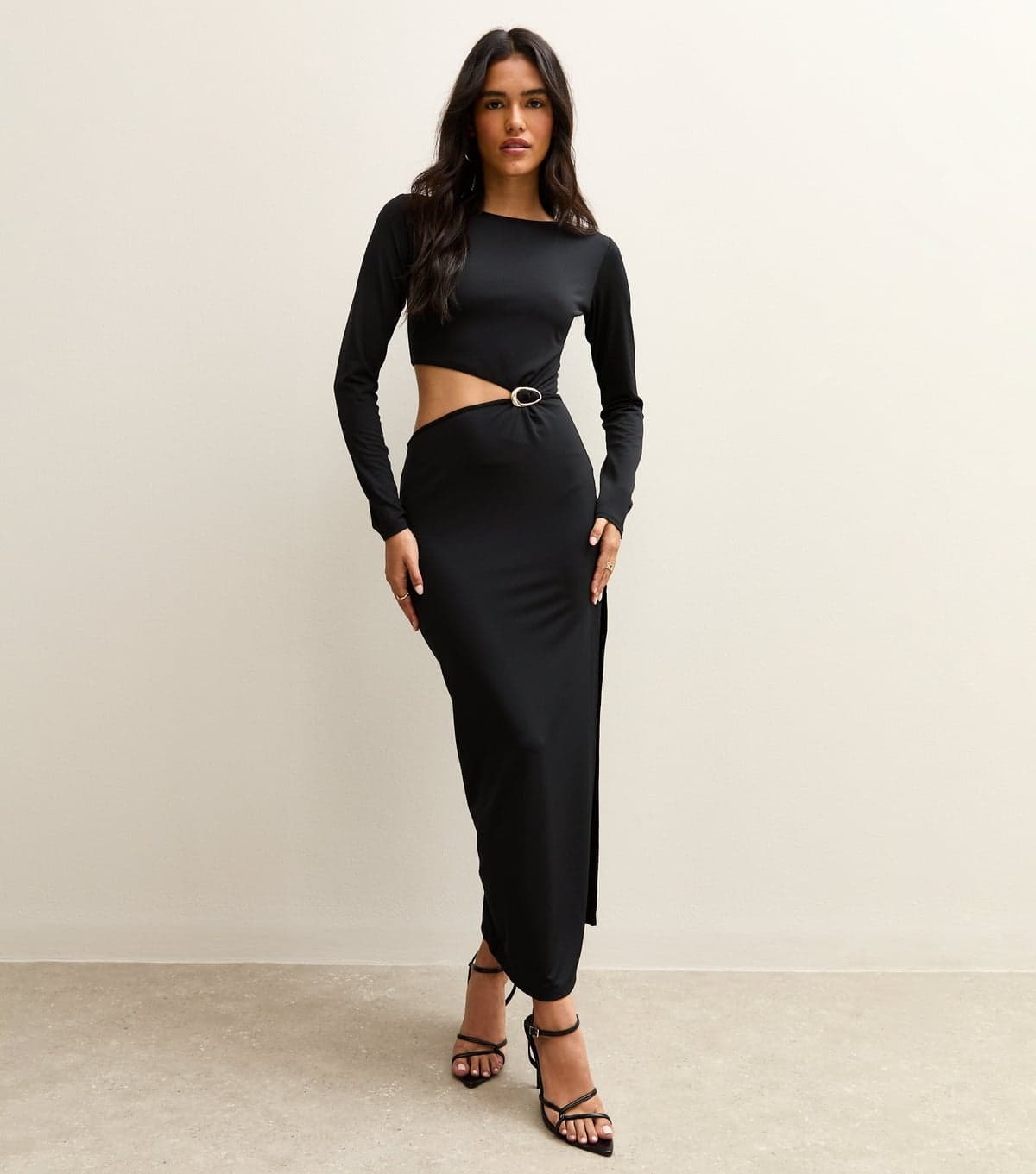 New Look Women's Black Cut Out Buckle Detail Long Sleeve Midi Dress New Look
