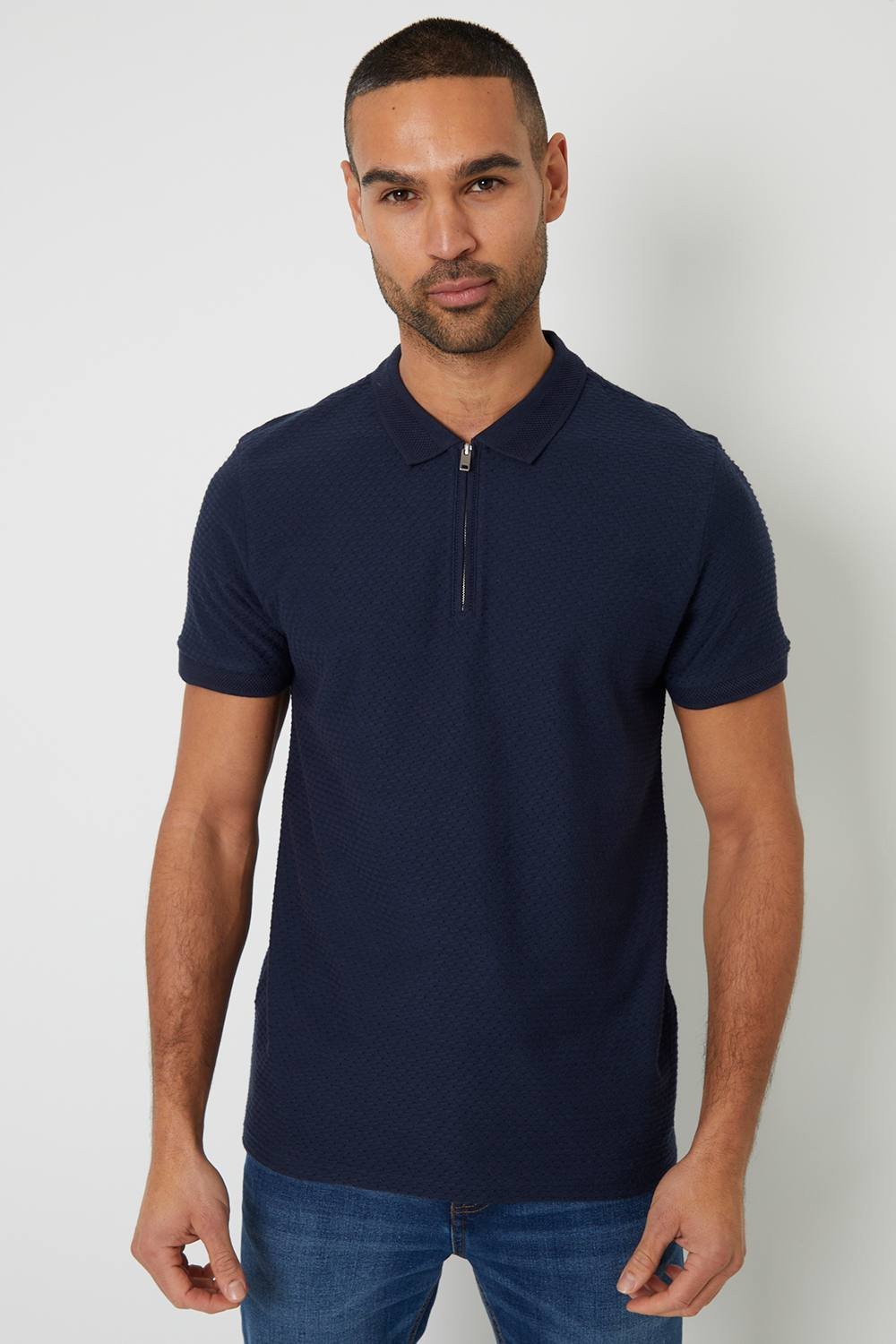 Threadbare Threadbare Men's Textured Cotton Quarter Zip Polo Shirt in Navy - 4