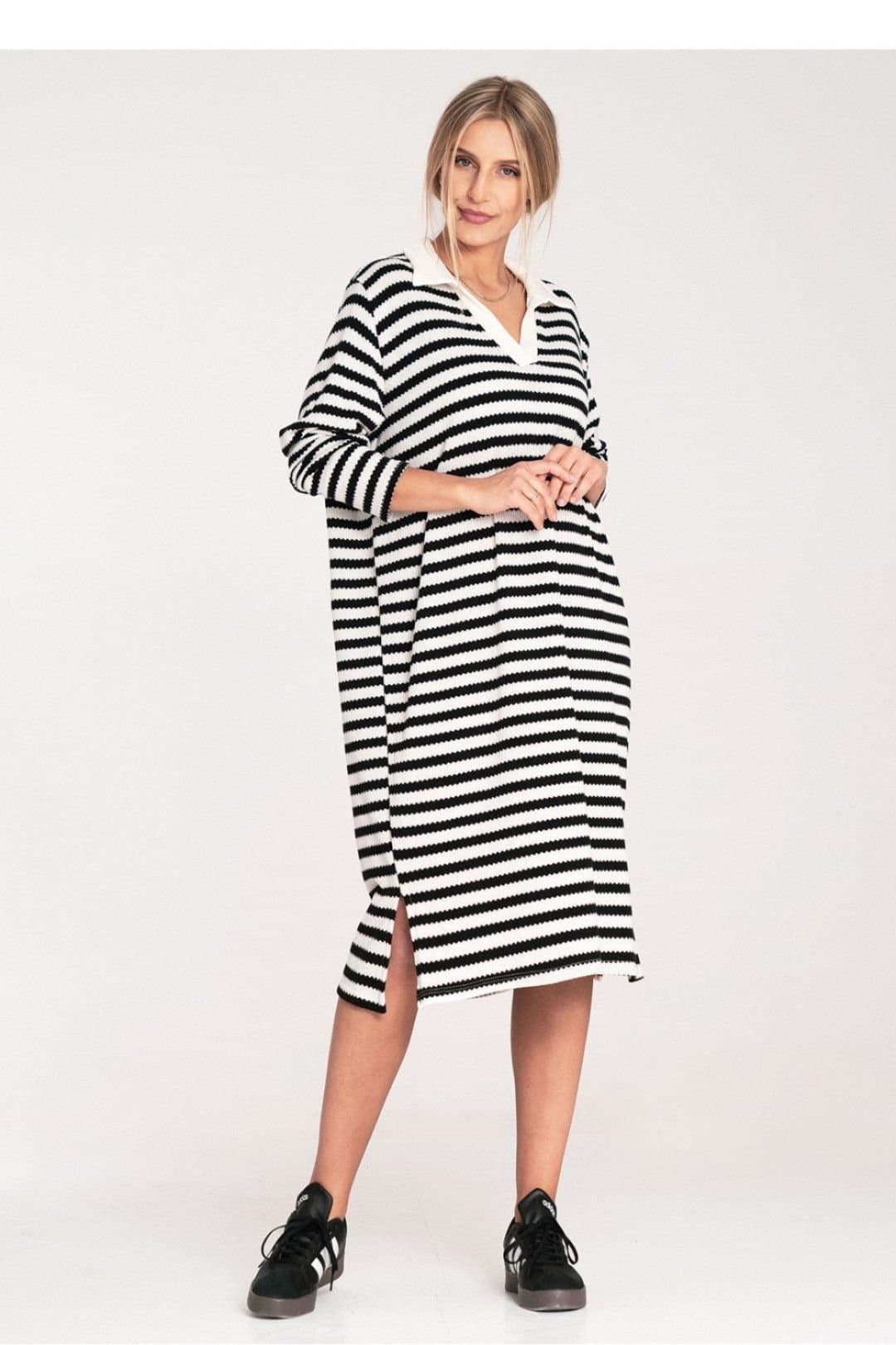 Love Lace Love Lace Women's Striped Knitted Collar Long Sleeve Dress to Knee in White