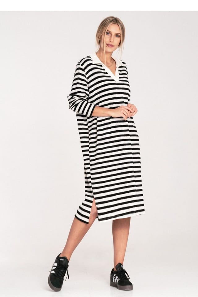 Love Lace Love Lace Women's Striped Knitted Collar Long Sleeve Dress to Knee in White - 2
