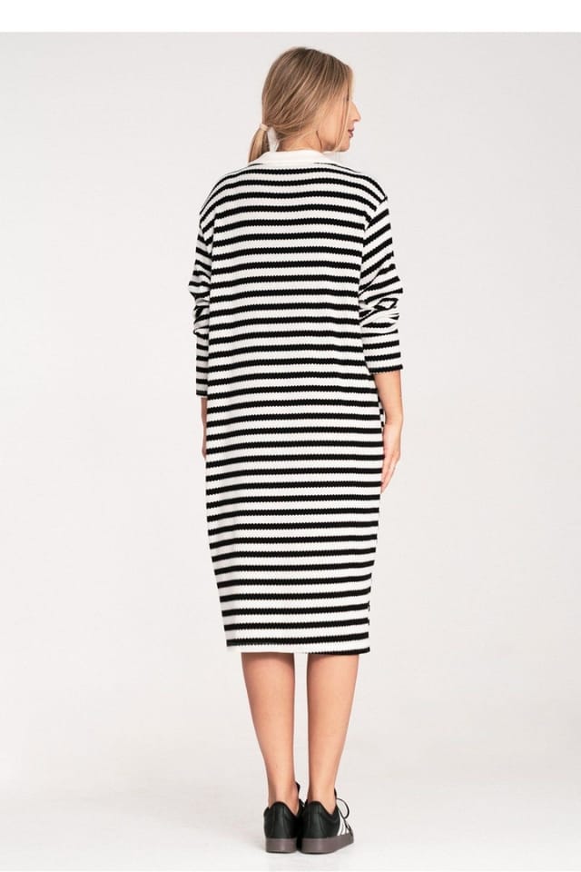 Love Lace Love Lace Women's Striped Knitted Collar Long Sleeve Dress to Knee in White - 3