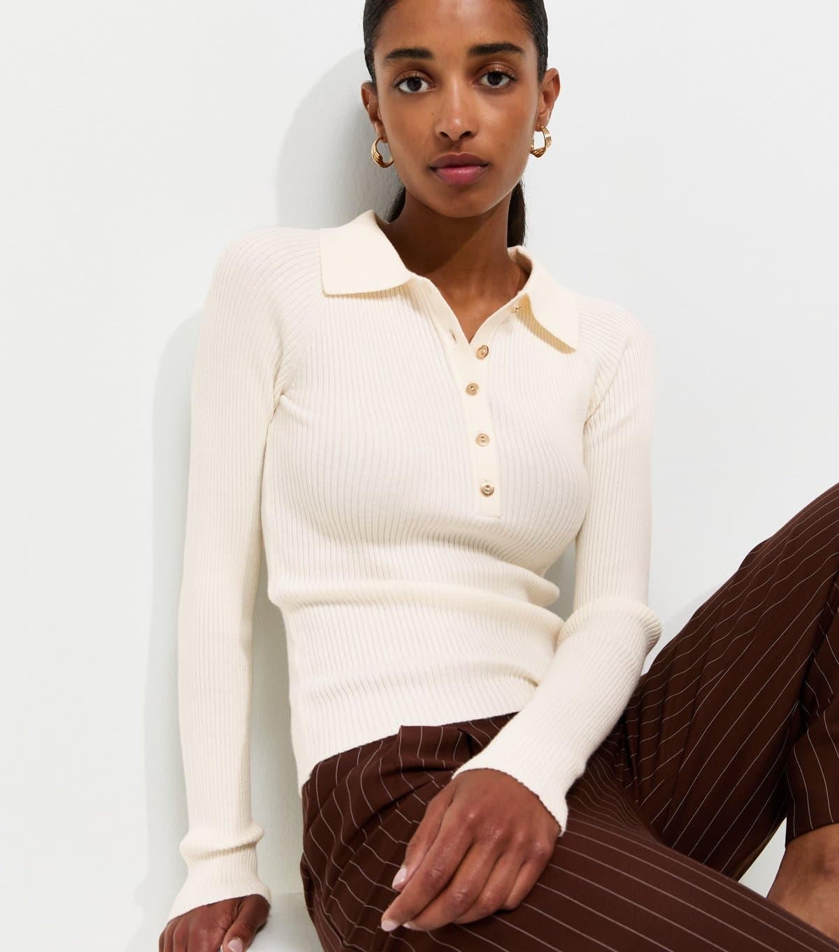 New Look Women's Cream Lightweight Ribbed Polo Top New Look