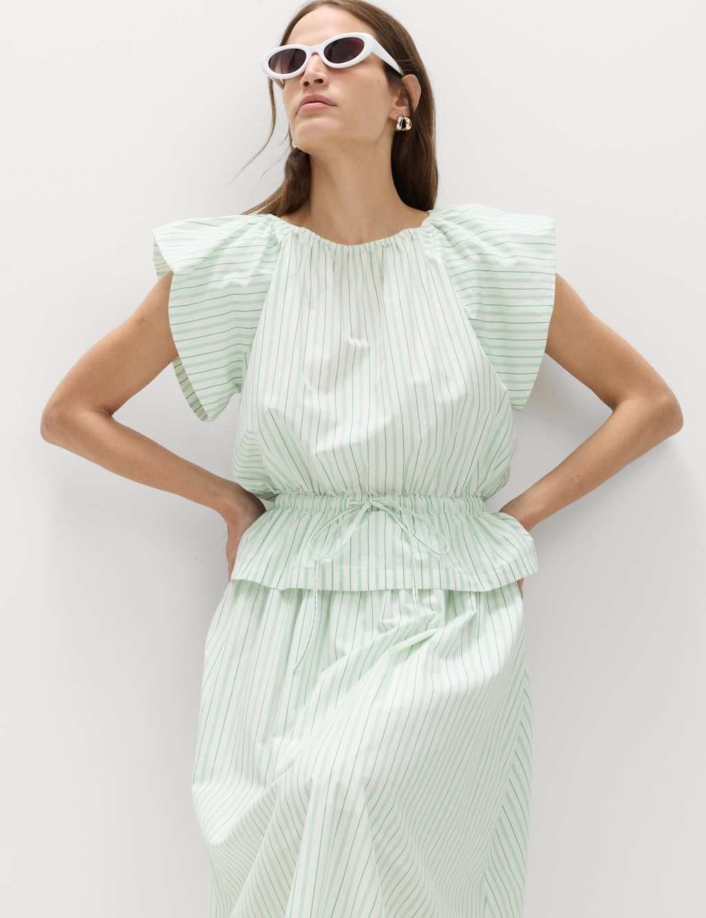Marks & Spencer M&S Pure Cotton Striped Puff Sleeve Drawstring Top Green Mix