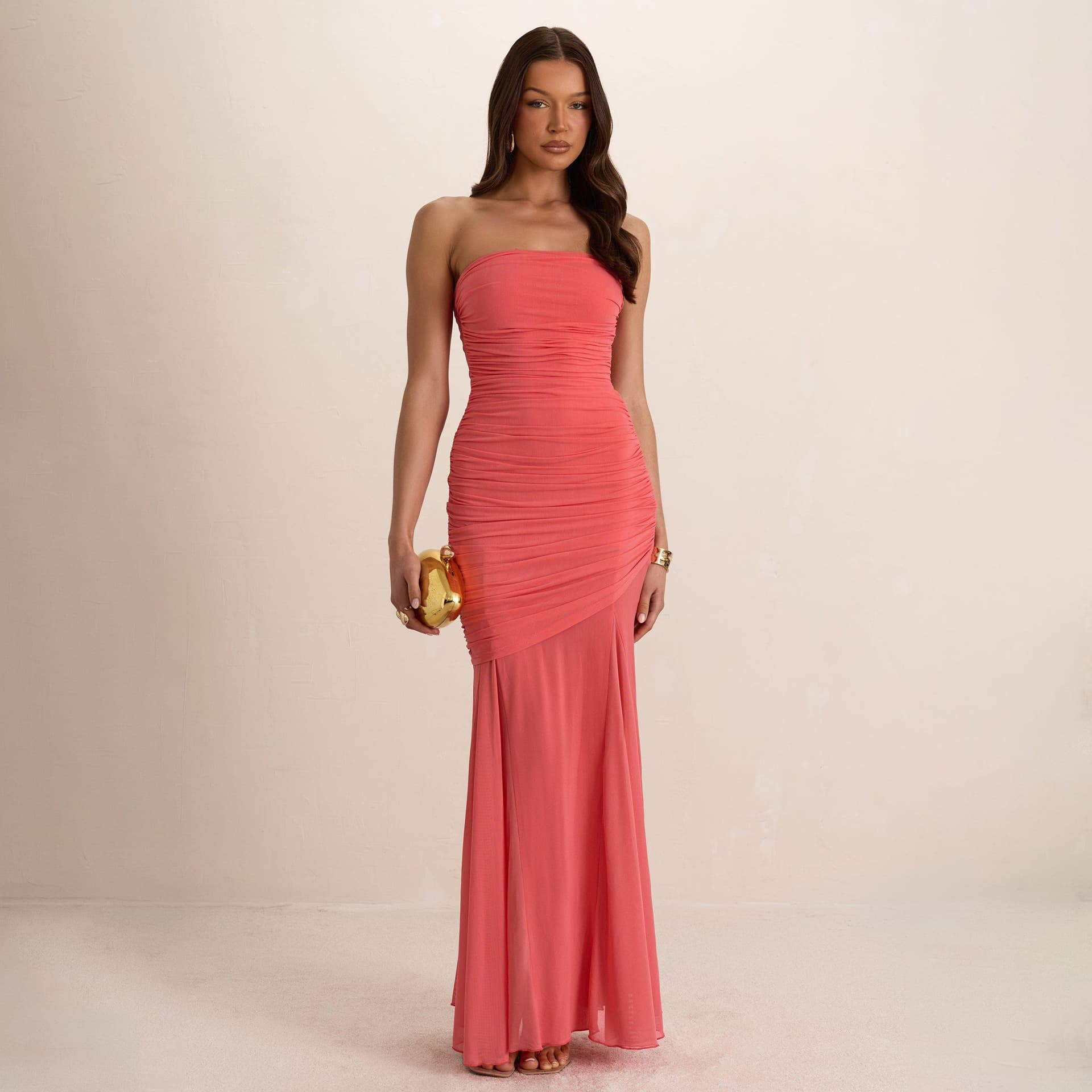 EGO Bandeau Ruched Detail Layered Maxi Dress In Coral, Women's Size UK L
