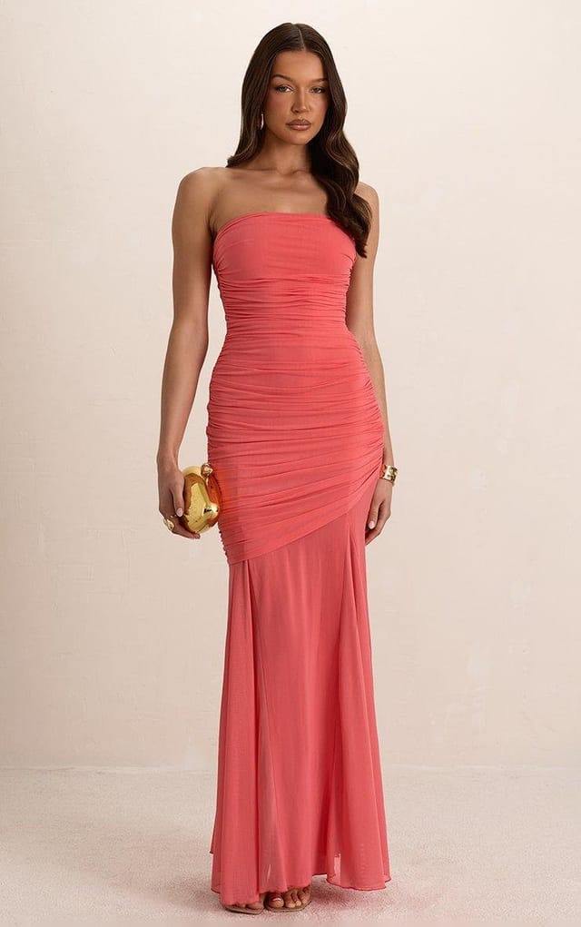 EGO Bandeau Ruched Detail Layered Maxi Dress In Coral, Women's Size UK L - 2