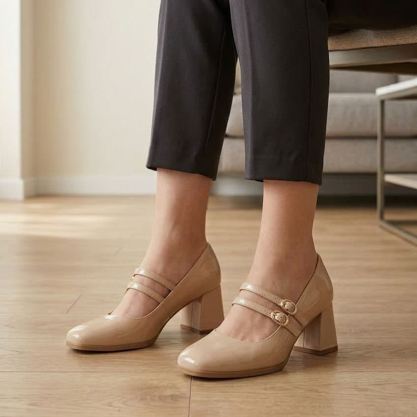 Truffle Collection Truffle Collection Women's Heeled Square Toe Mary Jane Buckle Strap Patent PU Block Heel Shoes in Nude