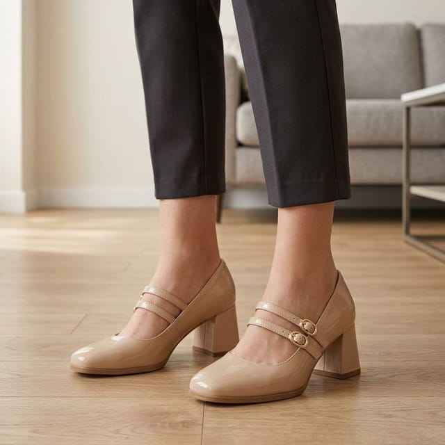 Truffle Collection Truffle Collection Women's Heeled Square Toe Mary Jane Buckle Strap Patent PU Block Heel Shoes in Nude - 2