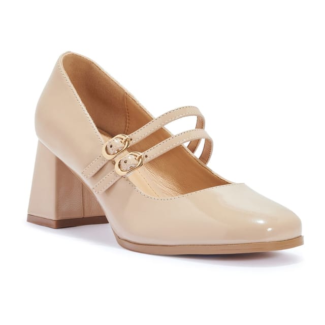 Truffle Collection Truffle Collection Women's Heeled Square Toe Mary Jane Buckle Strap Patent PU Block Heel Shoes in Nude - 3