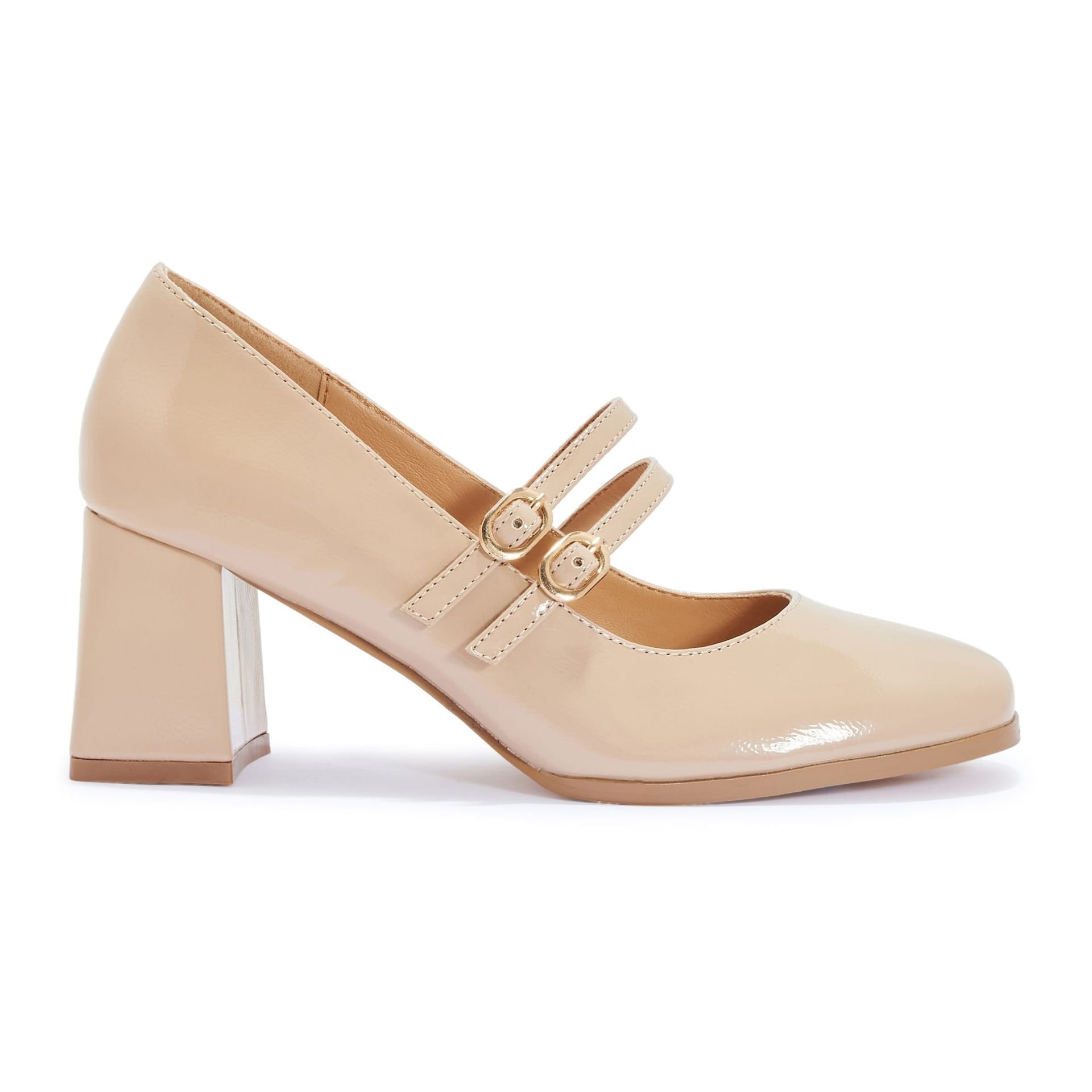 Truffle Collection Truffle Collection Women's Heeled Square Toe Mary Jane Buckle Strap Patent PU Block Heel Shoes in Nude - 4