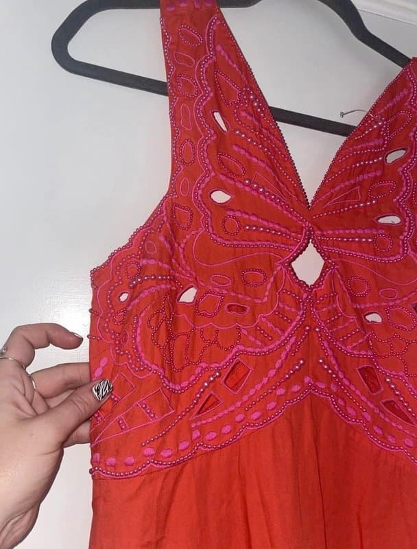 labels removed Pink Red Butterfly Detail Embellished Embroidered Maxi Dress Size 10 Occasion Unusual wedding guest