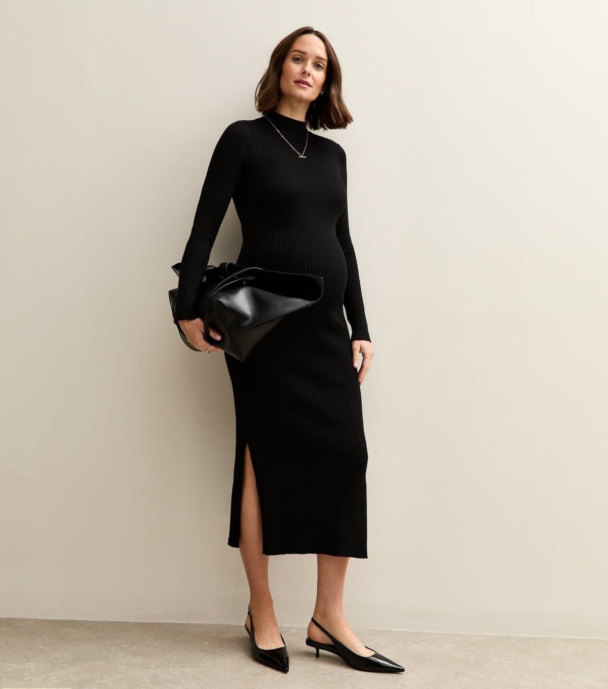 New Look Women's Maternity Black High Neck Side Slit Ribbed Jersey Midi Dress New Look