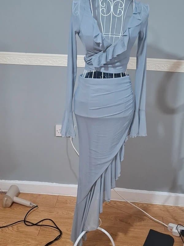Shein Bae Sheinbae  Dusty Blue Ruffle trim wrap Top & Ruched Asymmetrical Skirt 2-Piece Set