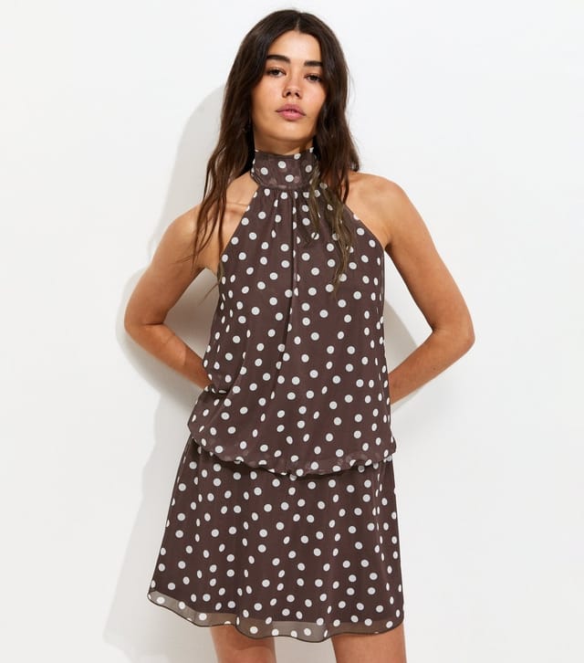 New Look Women's Brown Spot Print Halter Neck Mesh Mini Dress New Look - 2