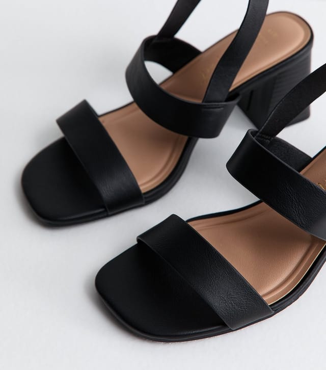 New Look Women's Extra Wide Fit Black Faux Leather Double Strap Heeled Sandals Vegan New Look - 3