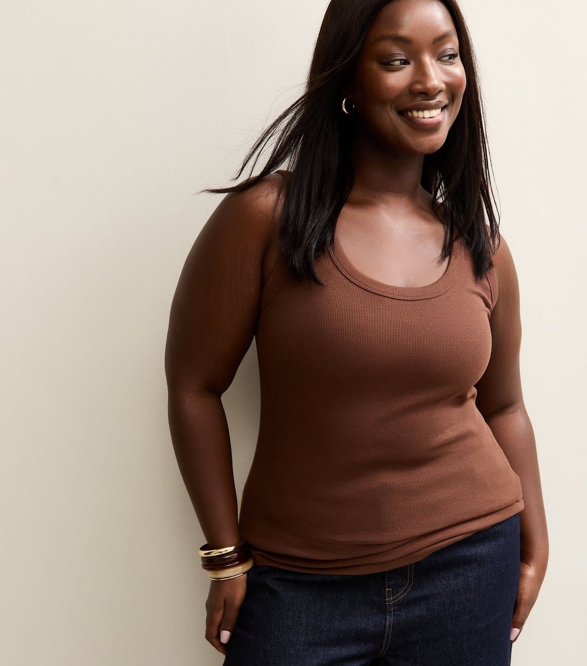 New Look Women's Plus Size Dark Brown Ribbed Scoop Neck Vest Curves New Look