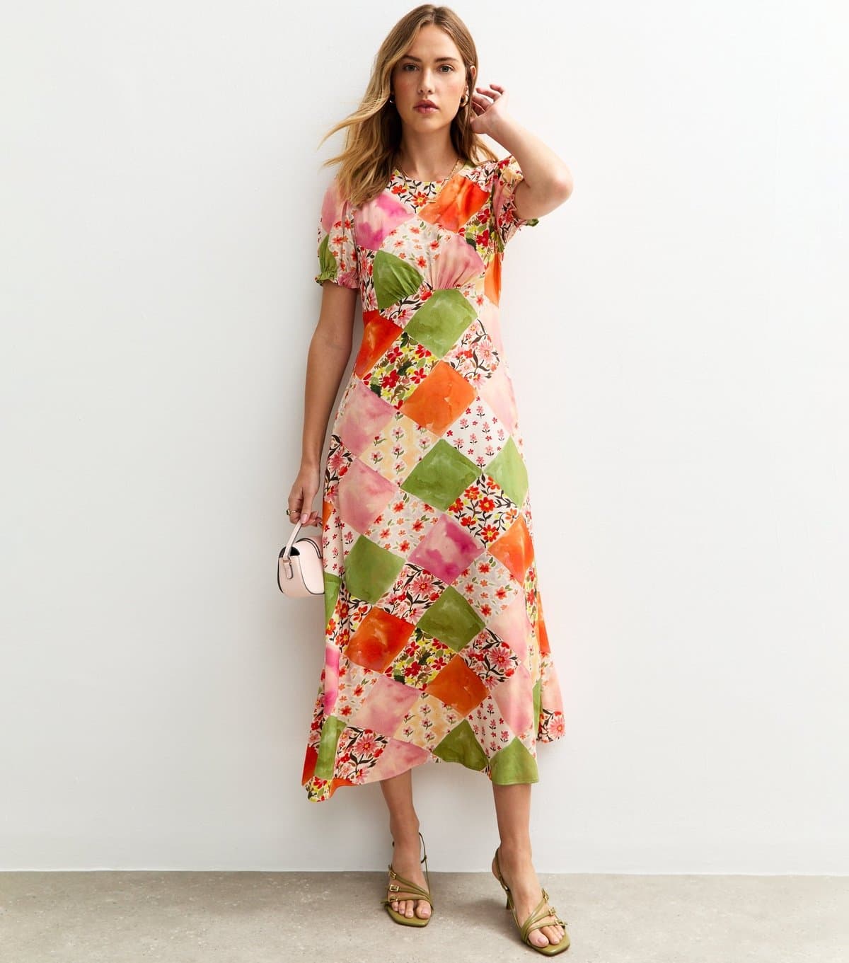 New Look Women's Orange Patchwork Print Puff Sleeve Midi Dress New Look