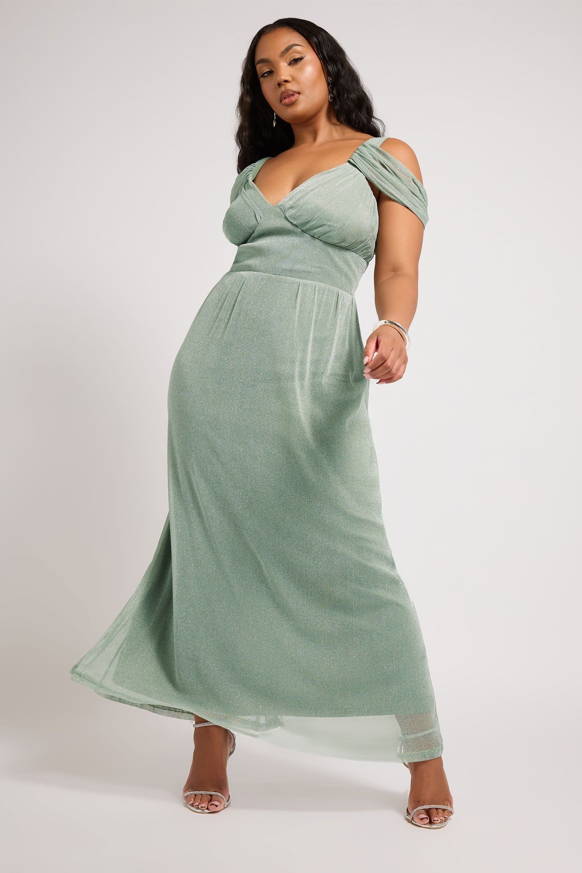 Yours Yours Women's Metallic Cold Shoulder Maxi Dress in Light Green - 4