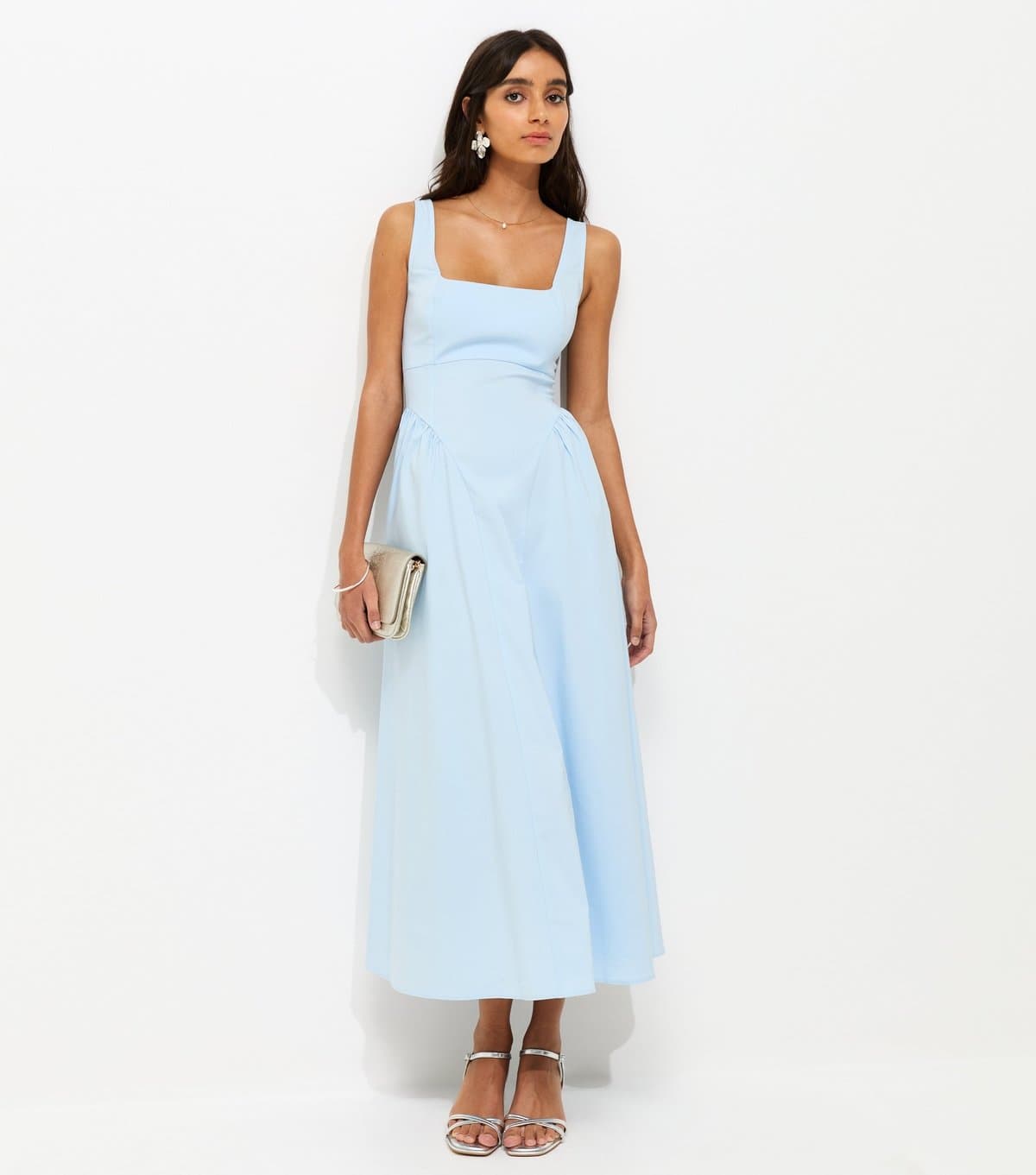 New Look Women's Light Blue Square Neck Gathered Hips Midi Dress New Look