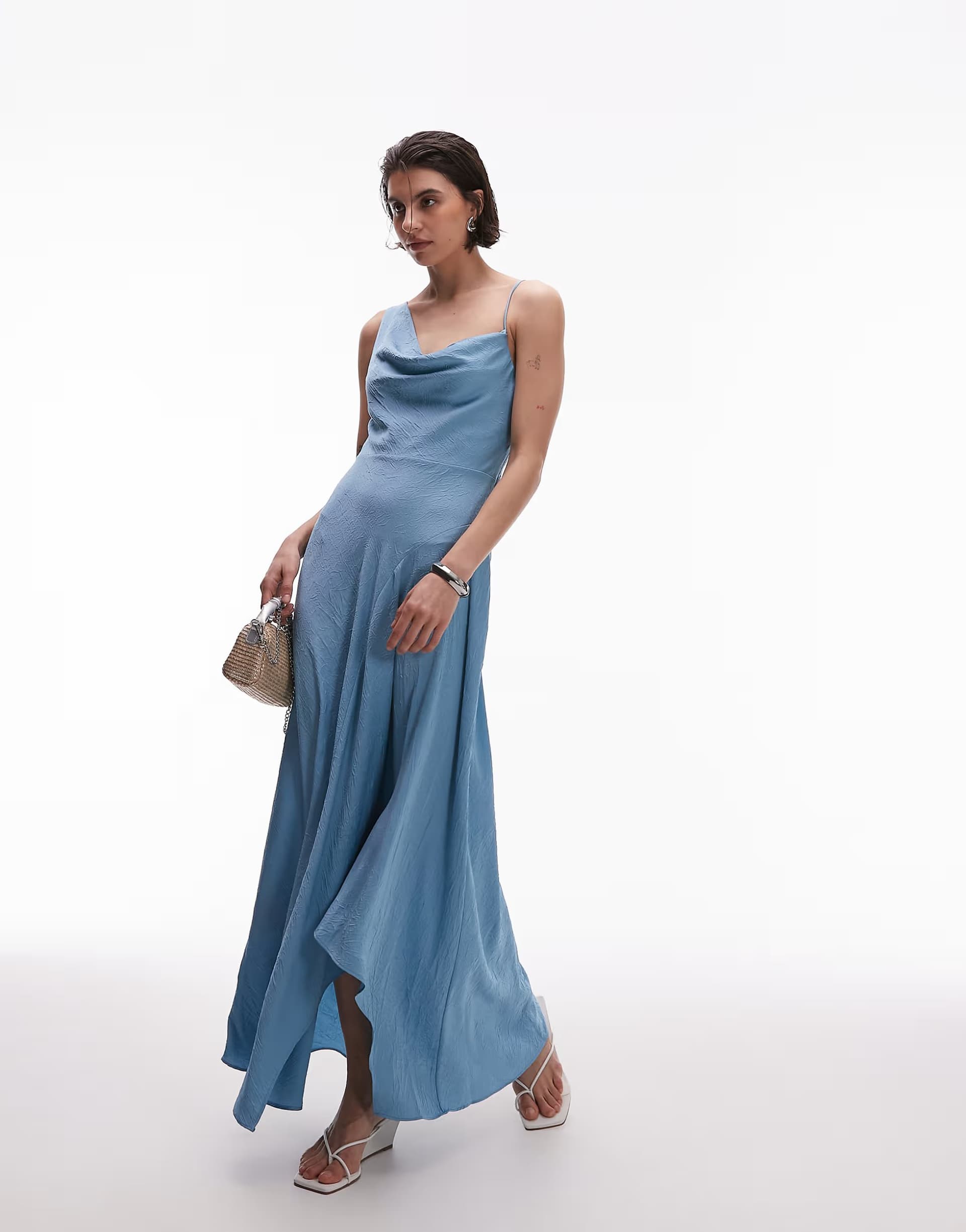 ASOS Mango one shoulder satin midi dress in light blue