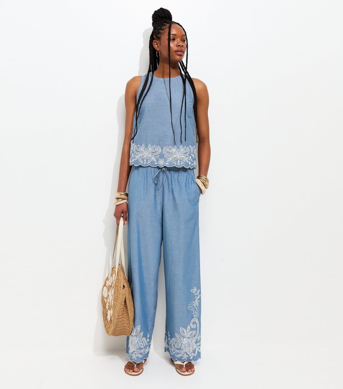 New Look Women's Light Blue Chambray Embroidered Hem Wide Leg Trousers New Look