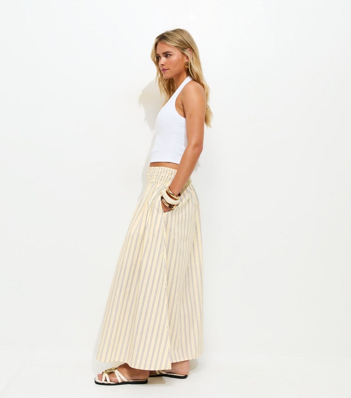 New Look Petite Yellow Striped Circle Skirt