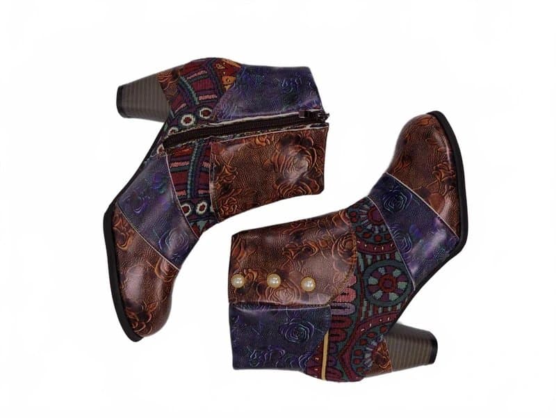 unbranded Boho Ankle Boots Block Heel Mid UK 8 EU 42 Womens Patterned Zip Round Toe Smart