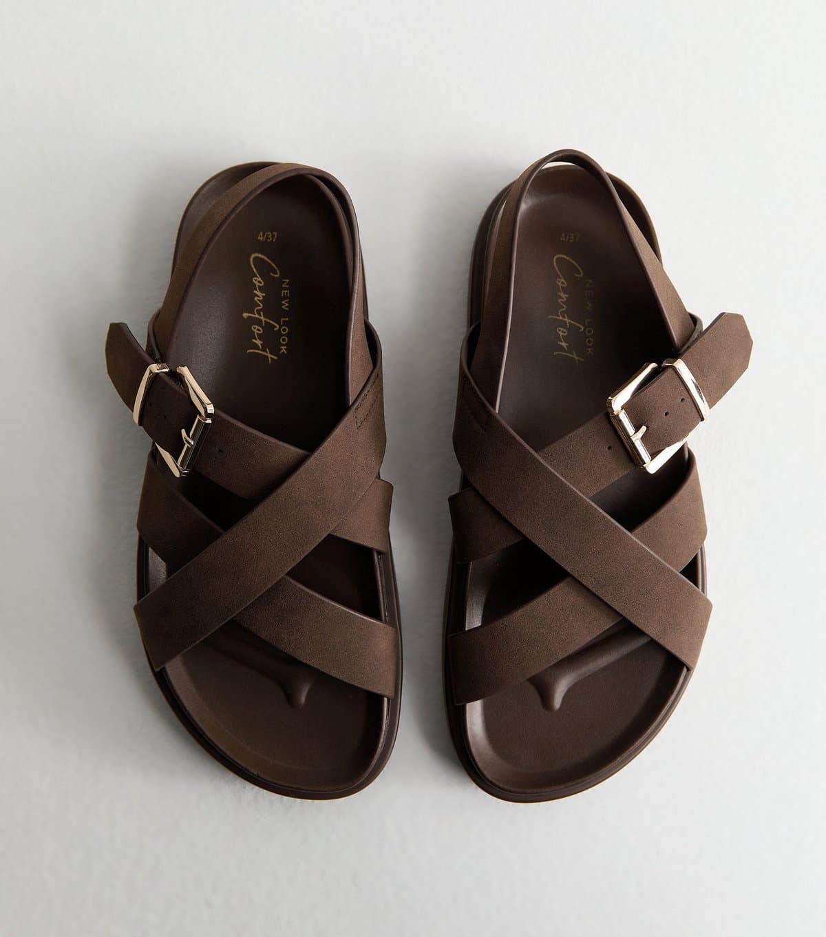 New Look Women's Brown Faux Brushed Leather Multi Strap Chunky Flat Sandals Vegan New Look
