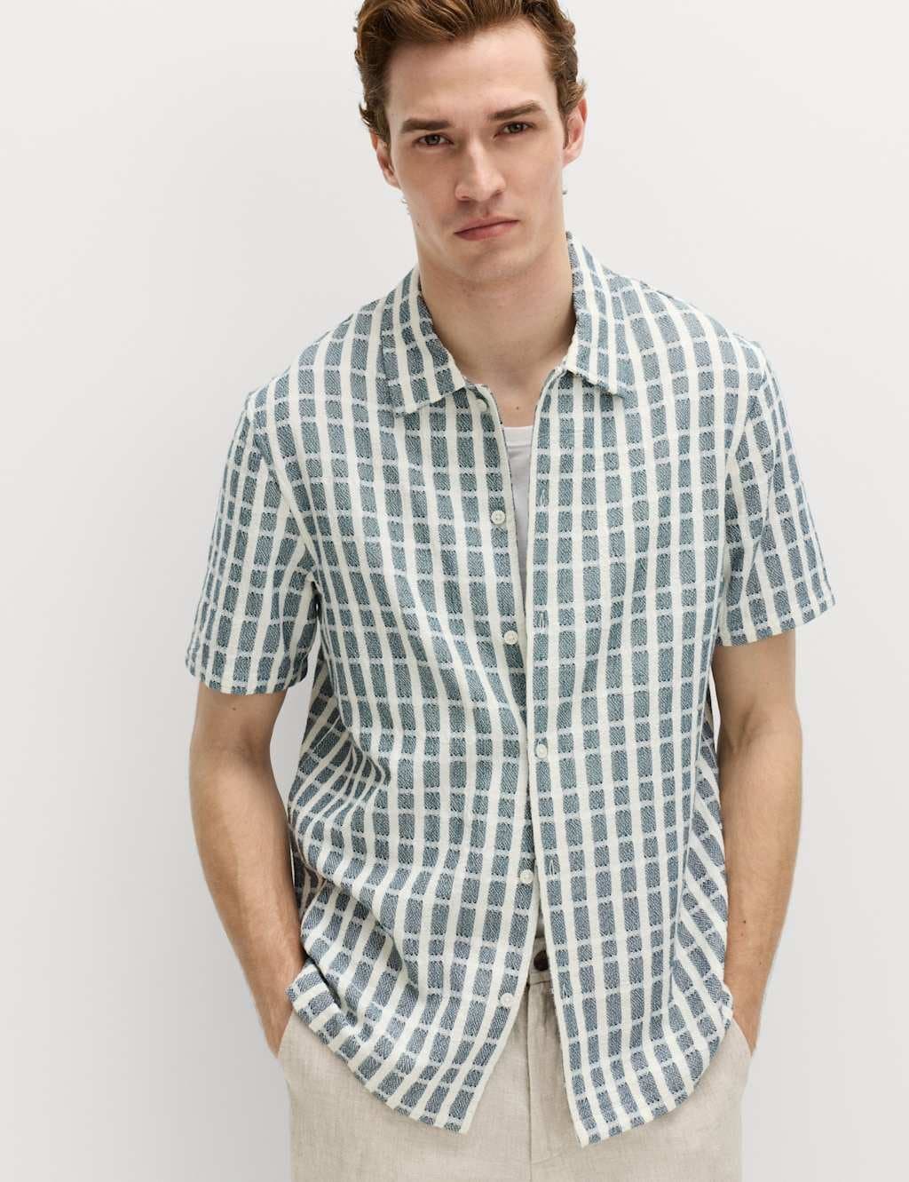 Marks & Spencer M&S Regular Fit Pure Cotton Short Sleeve Shirt Blue Mix