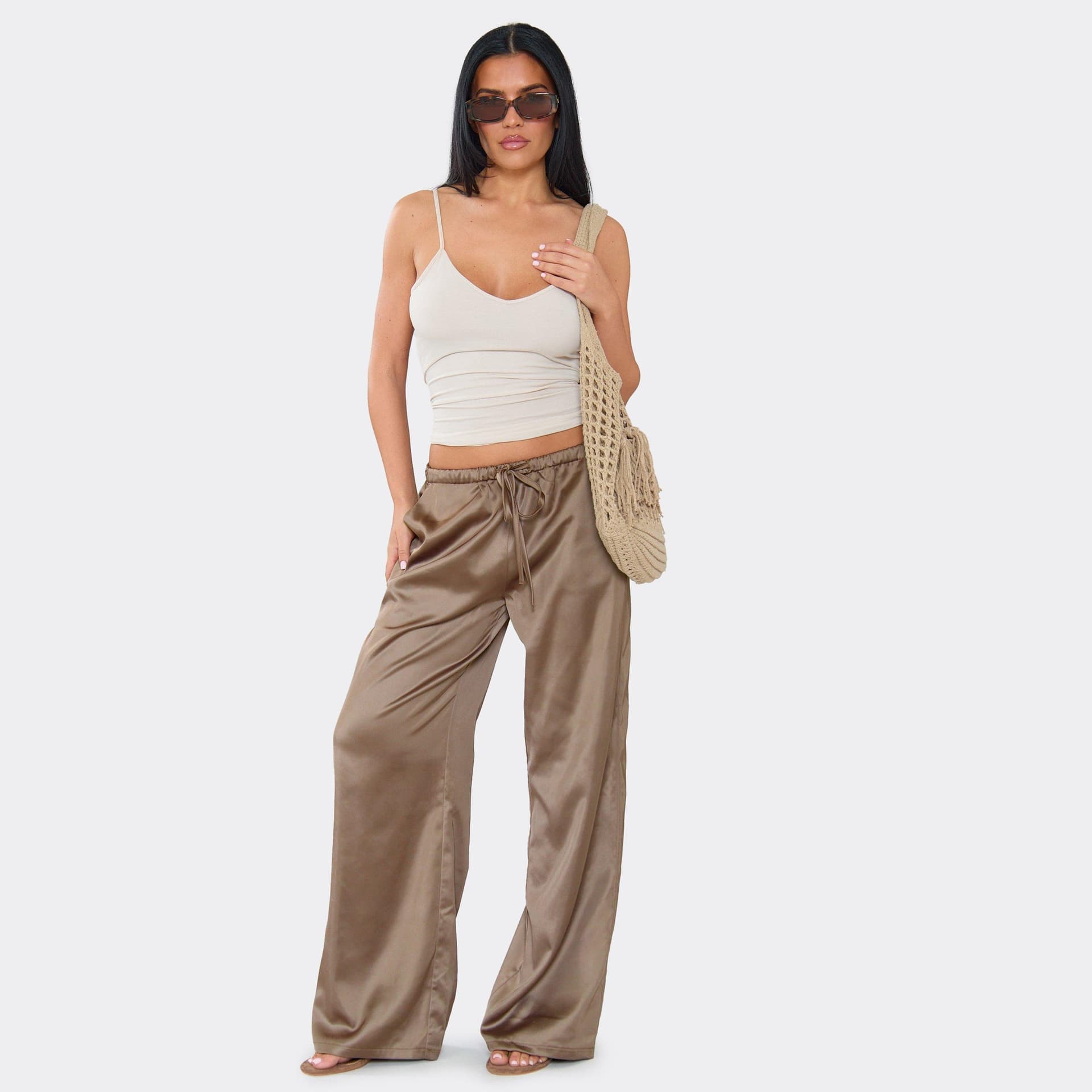 EGO Mid Rise Straight Leg Trousers In Brown Satin, Women's Size UK 6